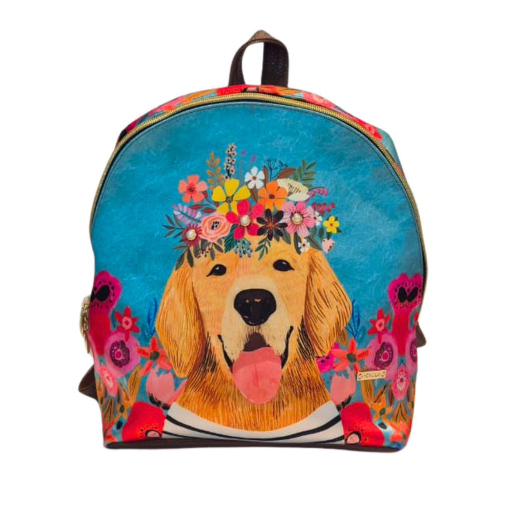 Mochila Mini - Perrito Azul y Flores Decorado