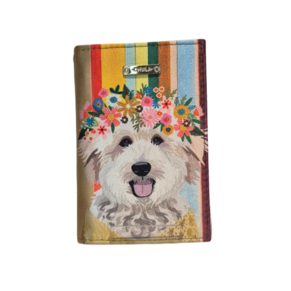 Porta Pasaporte - Perrito Arcoíris y Flores Decorado